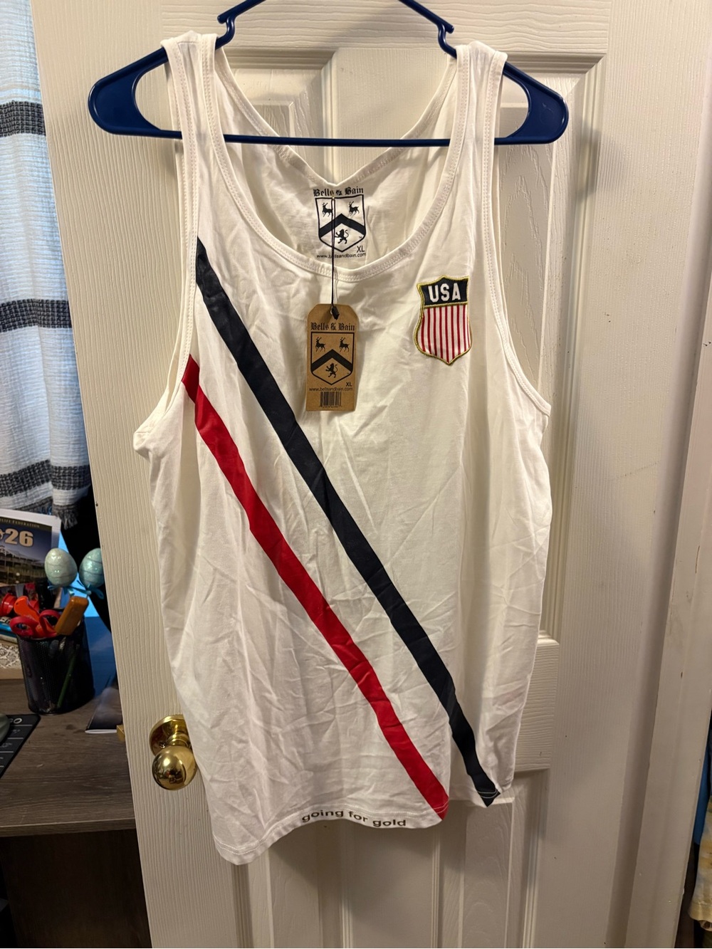 USA White Tank Top with Red & Navy Stripes